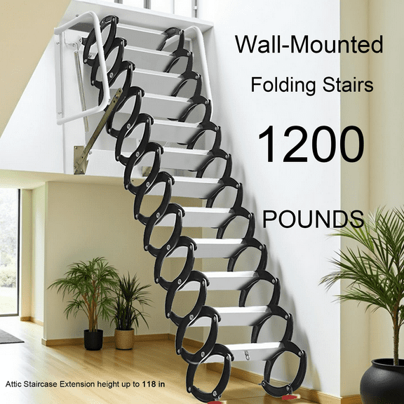 Wall-Mounted iron Attic Pull Down Ladder 12 Steps,  Maximum Load Capacity 1200 lbs Attic Ladder Pull Down System, 118(H)*133.8(D),  Suitable for Attics, Garages,  Roofs,  Basements, White