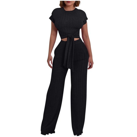 Outfits Sets for Women Elastic Waist Fashion Solid Color Round Neck Short Sleeve Tops with Pocket Pants Set