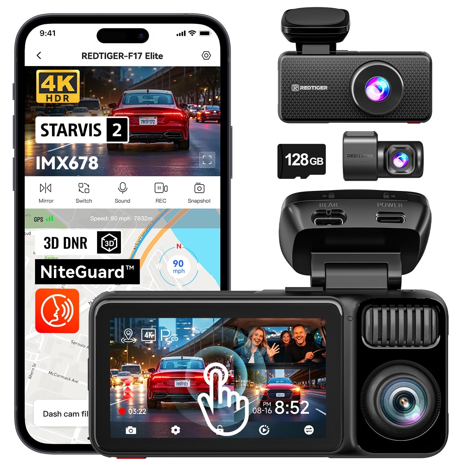 REDTIGER 3 Channel Dash Cam 4K, Front 4K + 2.5K Cabin + 1080P Rear, STARVIS 2 Night Color, 5GHz WiFi 6, GPS, Touch Screen, Voice Control, Parking Mode, 128GB Card Included