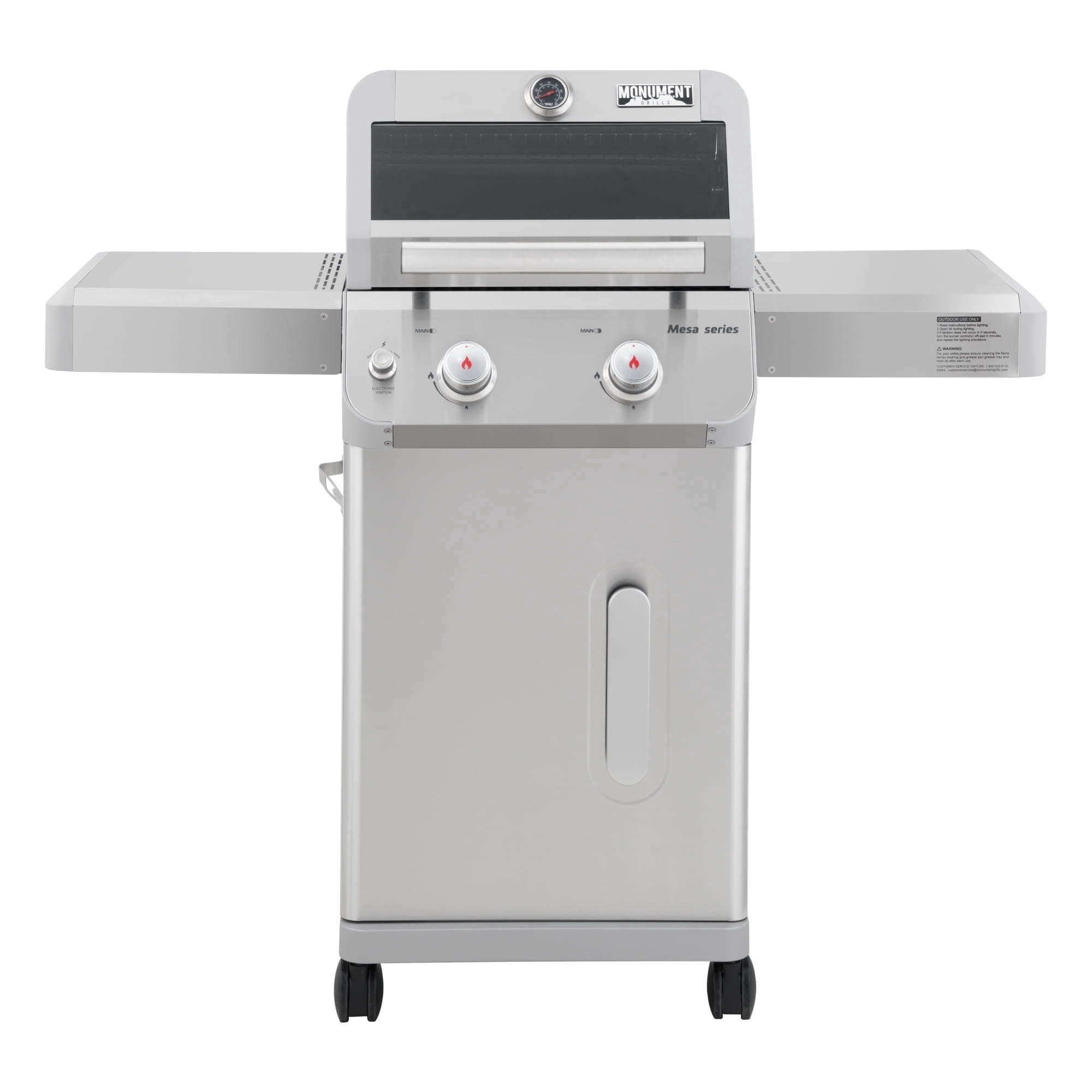 Monument Grills Mesa 2-Burner Propane Gas Grill, Foldable Sides, Swivel Casters, Stainless Steel, LED Controls