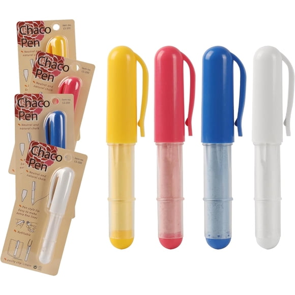(Lot de 4) Marqueurs de Craie pour Tissu (Rouge, Jaune, Bleu, Blanc) - Efface la Craie de Tailleur pour la Courtepointe et la Couture - Compatibles avec la Plupart des Tissus - avec Technologie de Roue Doseuse, 4 Couleurs