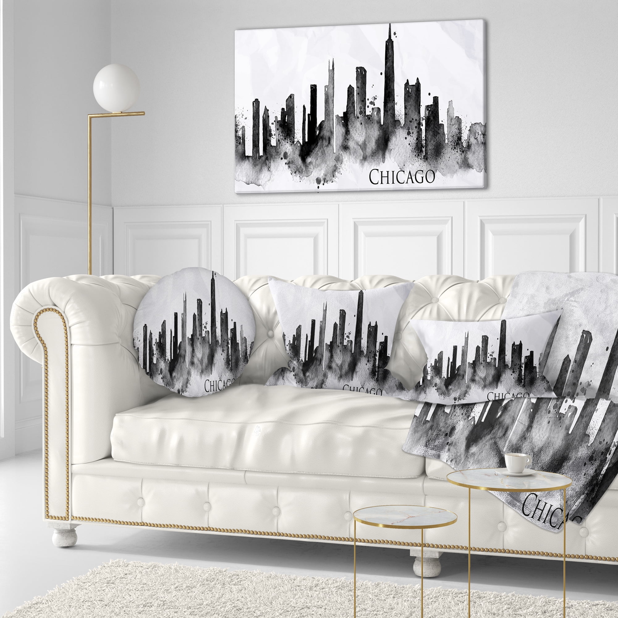 Designart Chicago Black Silhouette - Cityscape Painting Throw Pillow - 12x20