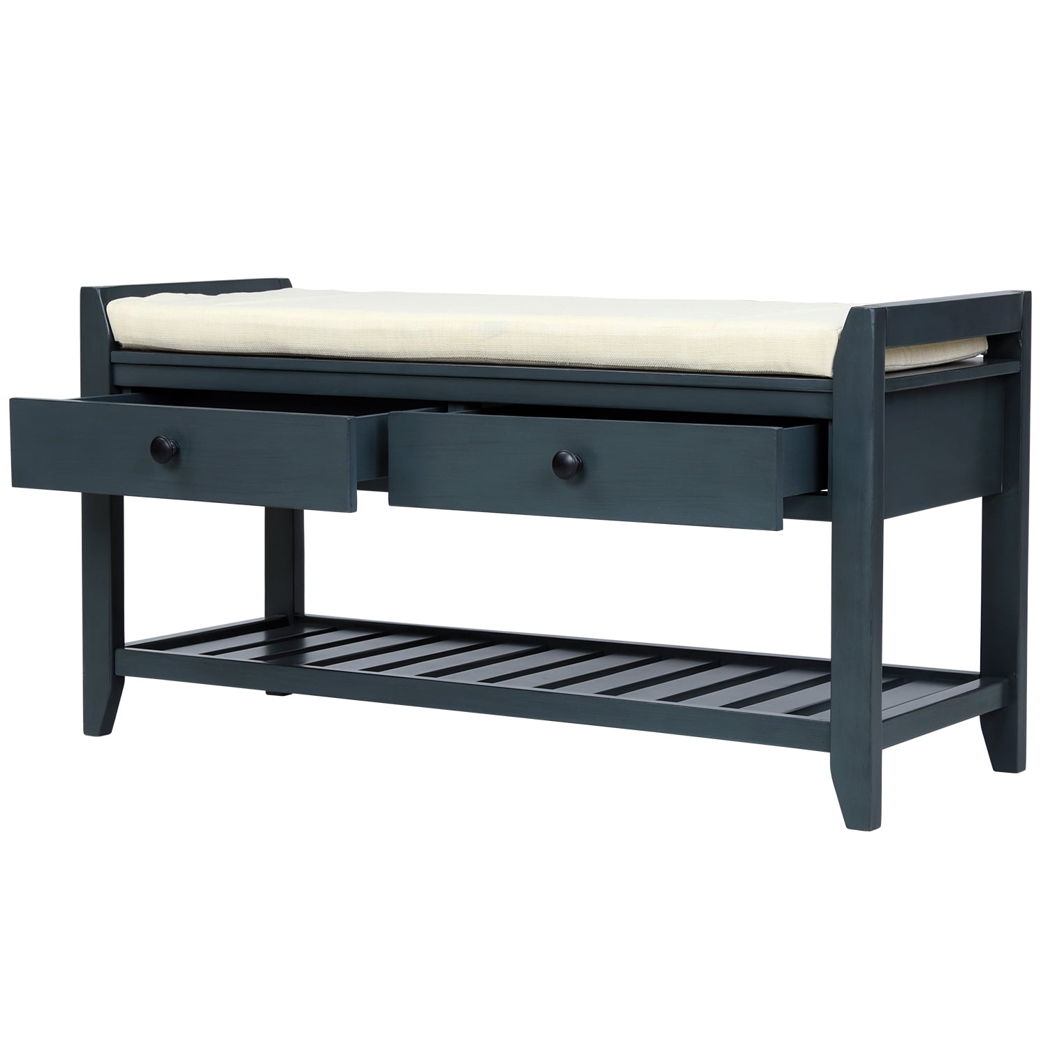 Harper & Bright Designs Shoe Rack with Cushioned Seat and Drawers, Multipurpose Entryway Storage Bench, Antique Navy