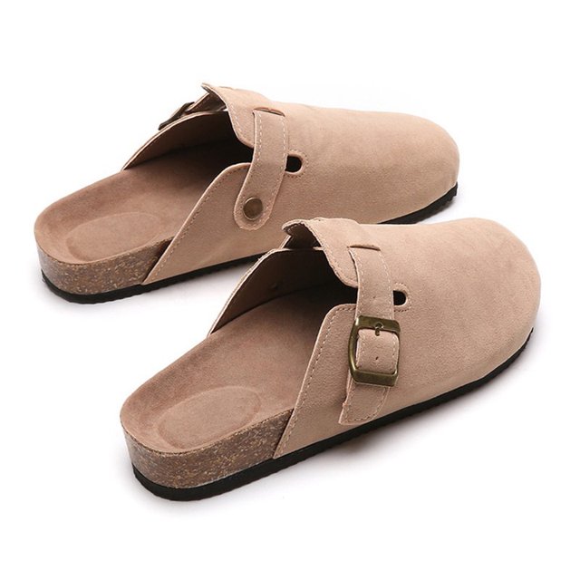 Zapatillas de mujer, clogs & mules de gamuza y piel con soporte en arco, casuales, caqui