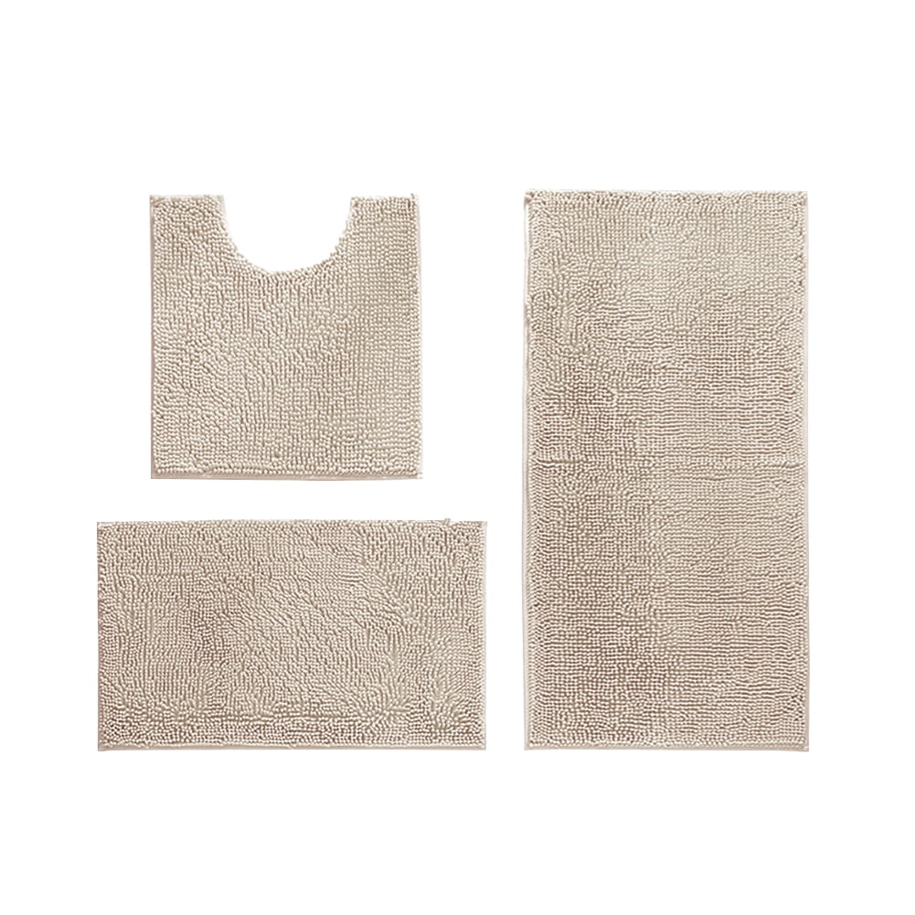 3 Pieces Beige Bathroom Rugs Set, Ultra Soft Non Slip Bath Rug and