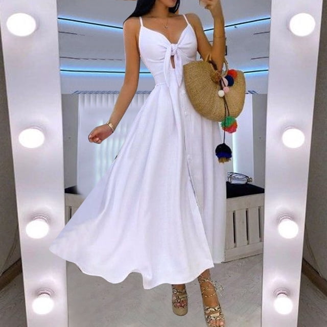 HKEJIAOI Cadeau d'Anniversaire Rabais Liquidation Robes Décontractées pour Femmes Mode Femmes Bouton Décontracté Sans Manches Camisole Gilet Col en V Robe Longue Blanche