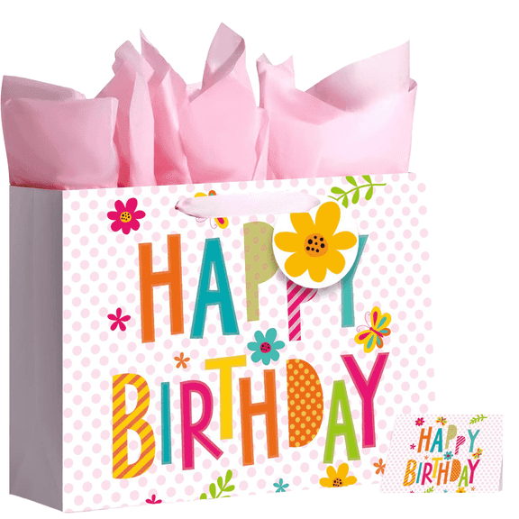 13" Large Pink Birthday Gift Bag with Greeting Card and Tissue Paper Perfect for Kids Women and Men Party Anniversaries Mothers Day Valentines Day