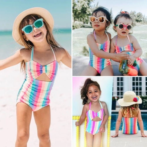 Newborn Kids Baby Girls Rainbow Swimwear Swimsuit Bow Stripe Beachwear Bikini Bathing Suit