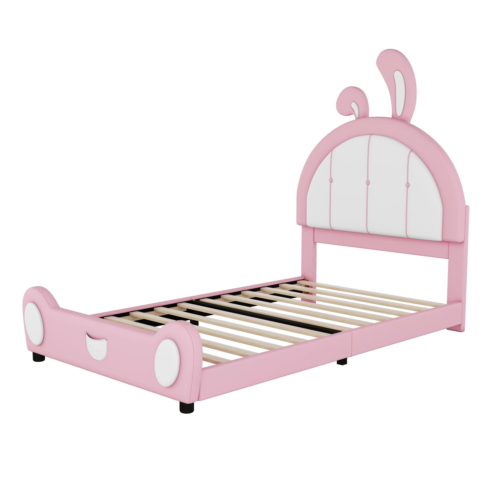 EUROCO Upholstered Twin Platform Bed, Cartoon Bunny Bed for Toddler Kids Teens, No Box Spring Needed, Pink