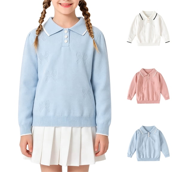 Asxite Girls Bow Tops Collared Long Sleeve Soft Textured Knit Pullover School Sweater Fall Winter 7T