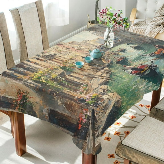 BZSMCE Square Tablecloth Venetian Canalwith Green Water Painting Pattern Tableclothes