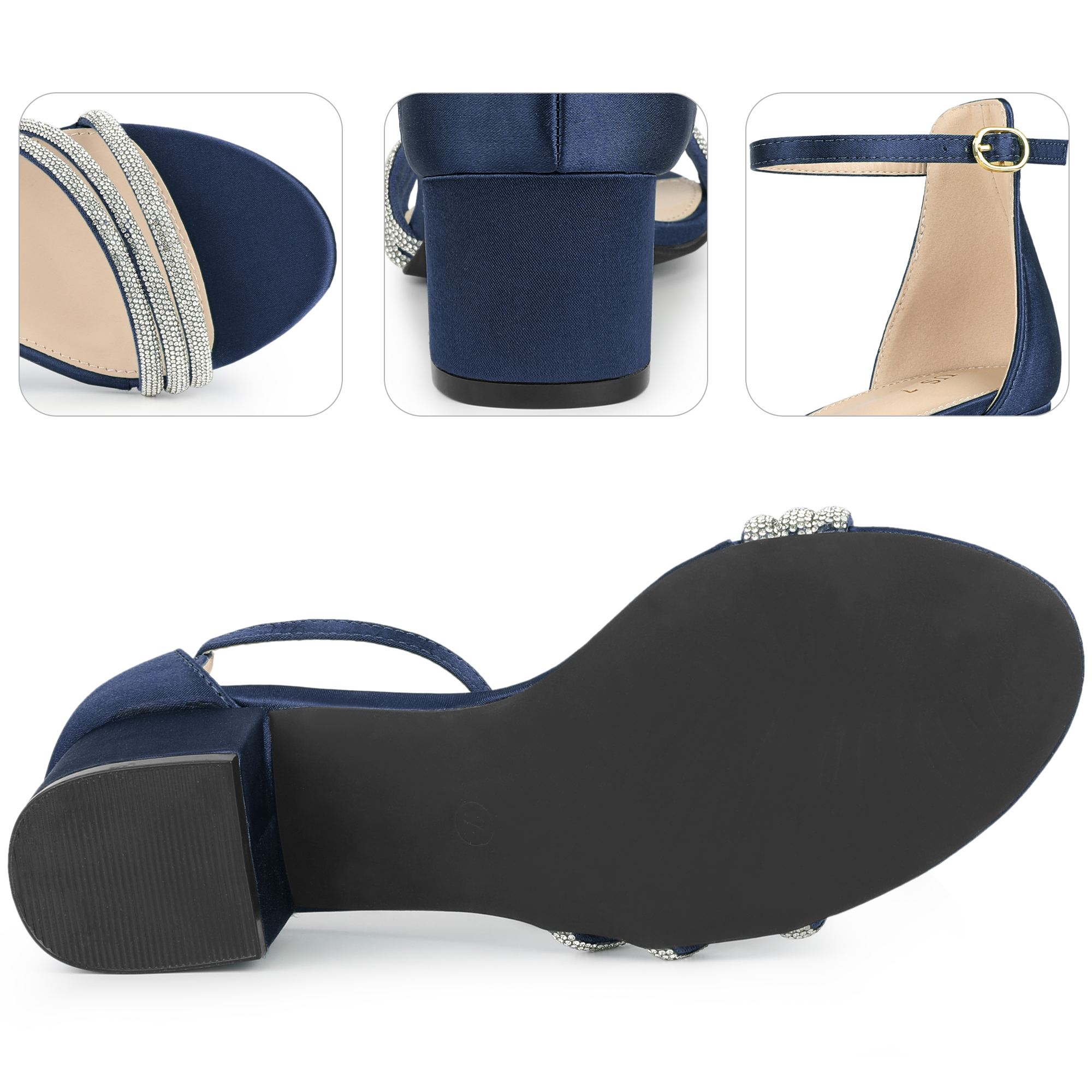 DARING DIVA Satin Rhinestones Open Toe Chunky Heel Sandals for Women Navy Blue 7