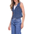 thumbnail image 4 of CHALECO DE JEAN SIN MANGAS CON CUELLO EN V PARA MUJERES INSPIRAR CHIC, CON BOLSILLOS DE SOLAPA, CHAQUETA DE DENIM CON BOTONES EN LA CINTURA, TAMAÑO S, AZUL OSCURO, 4 of 6