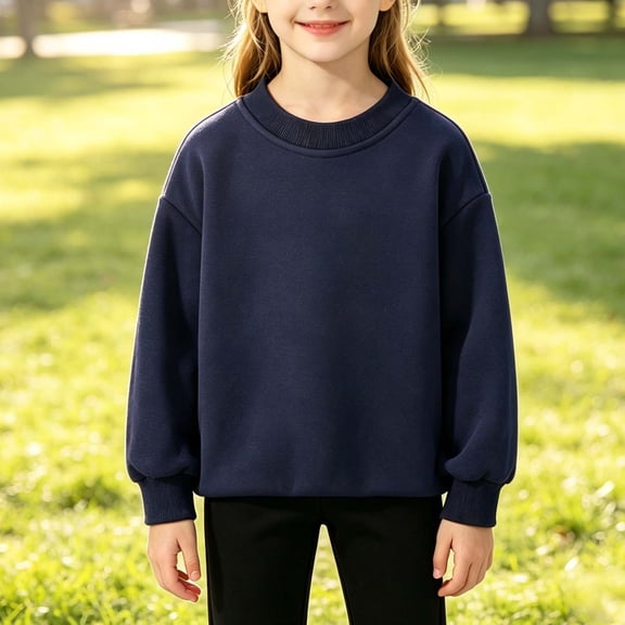 Plain Cotton Girls Sweatshirt Loose Crewneck Pullover Long Sleeve Solid Top Casual Kids Tee,Size 5-6T