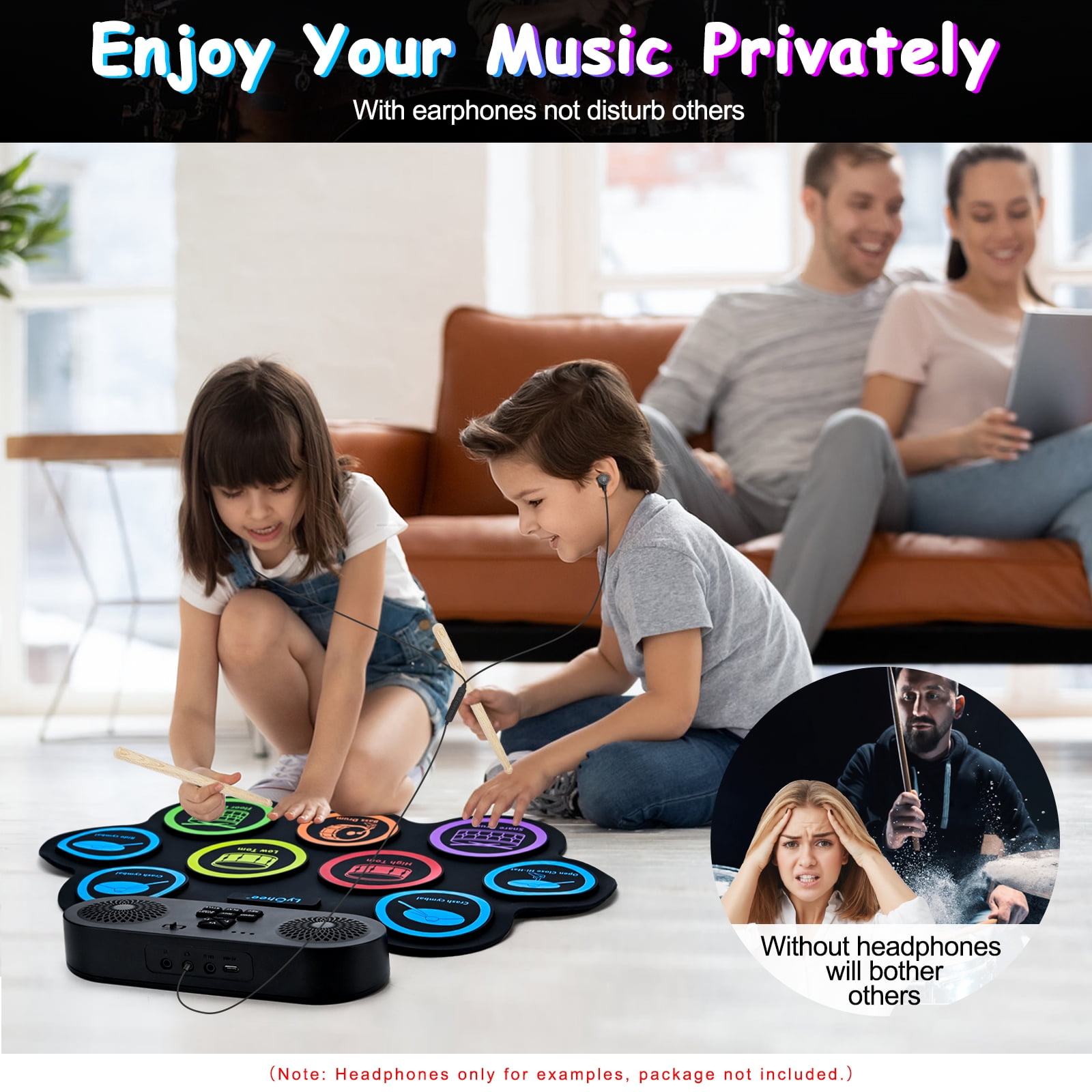 Lychee Electronic Drum Set with Headphone Jack, 9 Stereo Roll-up Drum Practice Pad, Built-in Speaker Drum Pedals Sticks Support External Connection, Great Holiday Xmas Birthday Gift for Kids