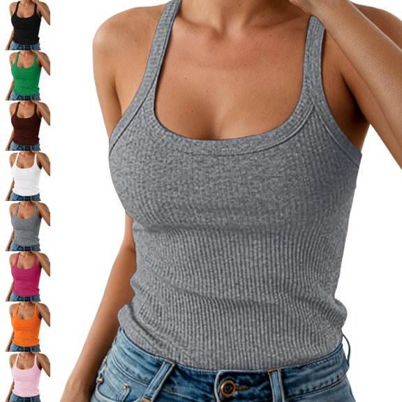 GPOECD Womens Camisole Tank Tops Spaghetti Strap Ribbed Slim Fitted Basic Sleeveless Layering Shirts Tank Tops for Women Grey,XXL