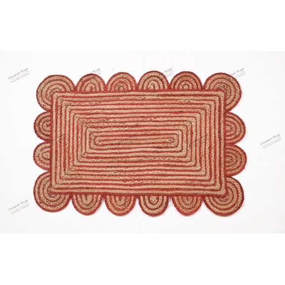Rectangle Rug Natural Jute Rug Hand Braided Beige and Red Color Scalloped Area Rug