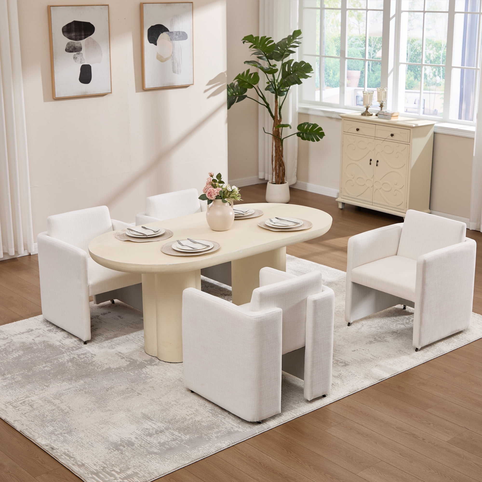 Leumius Modern Barrel Dining Chair, Accent Kitchen Chair with Arms Comfy Linen Fabric, Side Chair for Living Room Home Office Reception, Cream