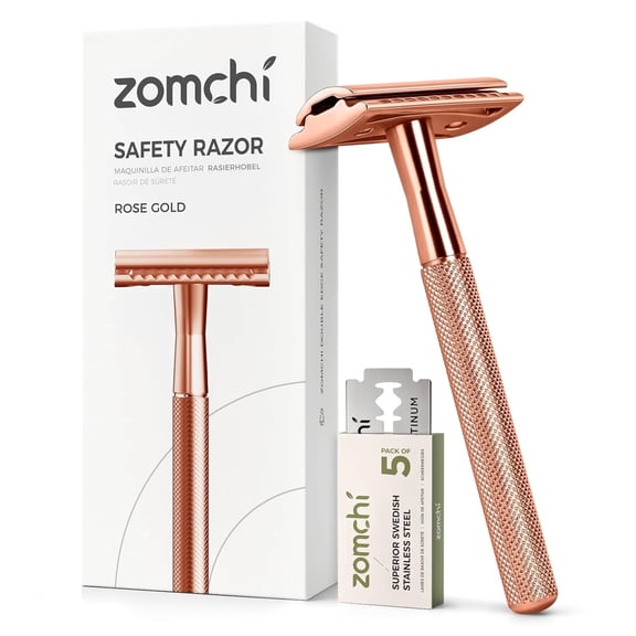 ZOMCHI Safety Razor for Men&Women with 5 Double Edge Safety Razor Blades, Double Edge Razor, Reusable Razor, Plastic Free – Rose Gold