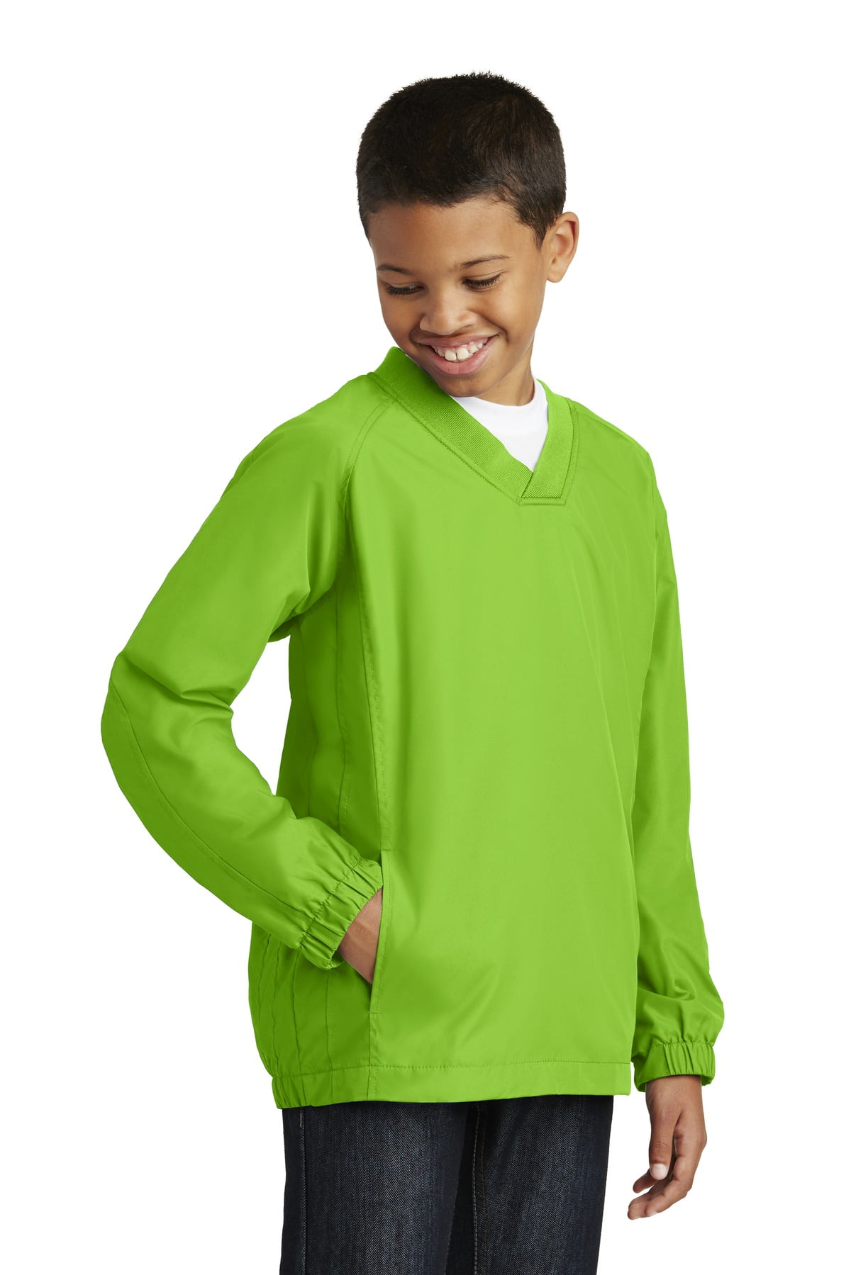 Sport-Tek Youth V Neck Raglan Wind Shirt-L (Lime Shock