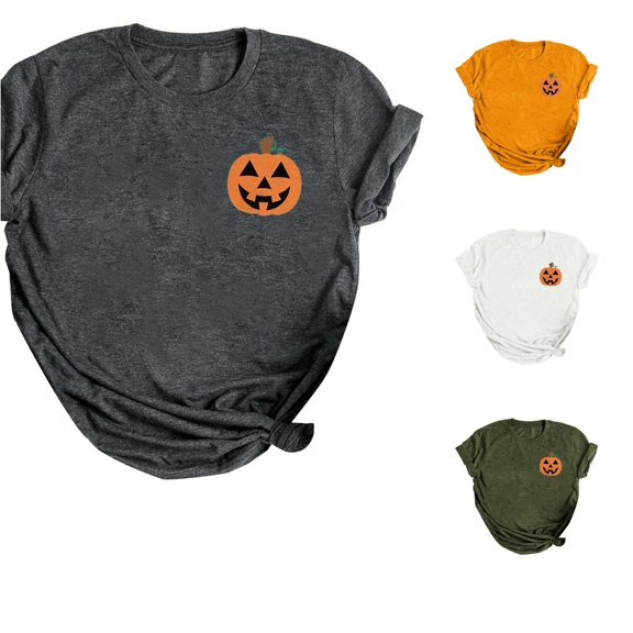 Halloween Shirts for Women T-Shirts Womens Fall Pumpkin T Shirts Funny Short Sleeve Halloween Graphic Tees Tops Gray L