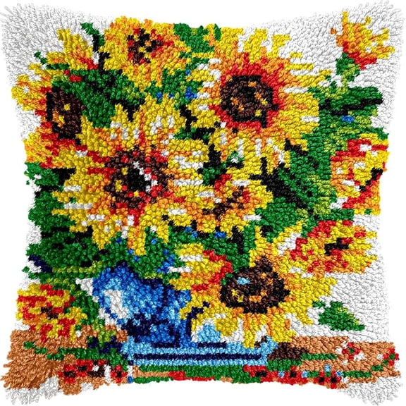 Sunflowers Latch Hook Pillow Kits for DIY Handmade Throw Pillow Cushion Embroidery Latch Hooking Pillowcase Kits with Preprinted Canvas Crochet Yarn Kits 17''X 17''(g82)