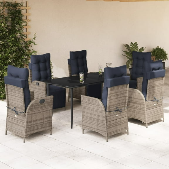 vidaXL 7 Piece Patio Dining Set with Cushions Gray Poly Rattan