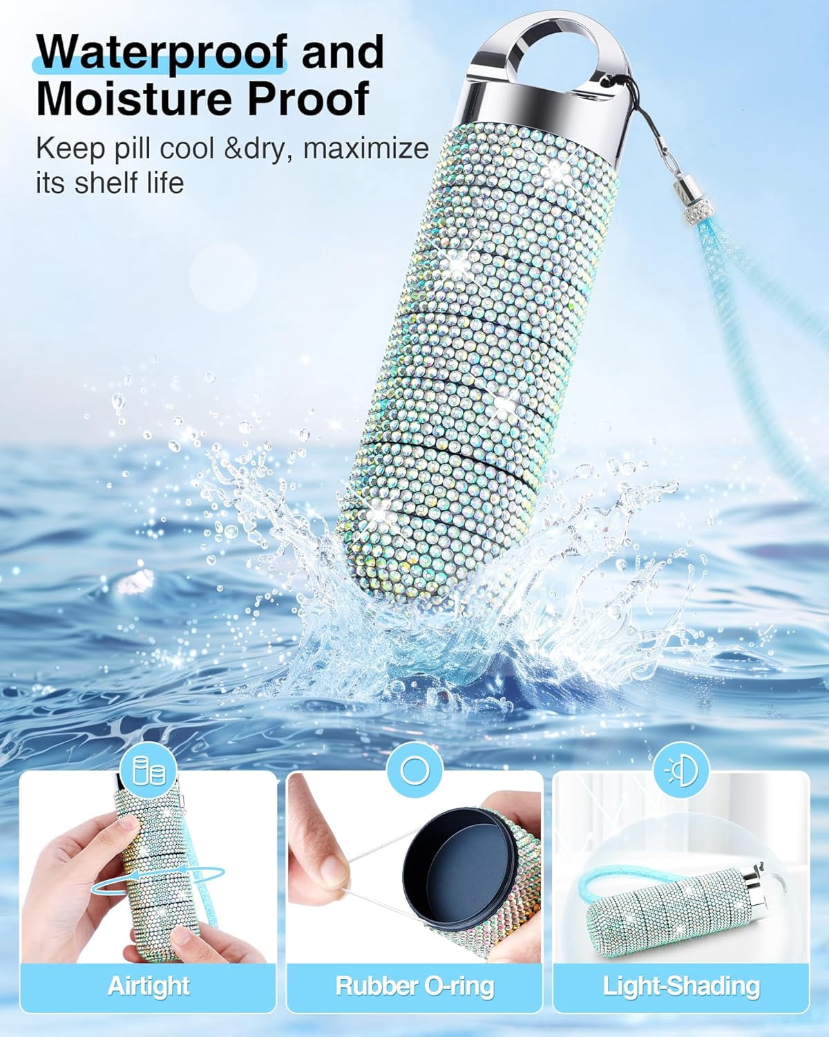 Metal Bling Pill Organizer, Travel Waterproof Weekly Pill Box, Portable Large Aluminum Alloy Pill Case Container, BPA Free 7 Day Daily Medicine Organizer Holder for Vitamin,Fish Oil,Supplement