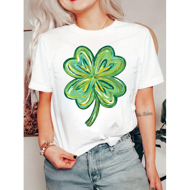Women's Casual Crew Neck T-Shirt with Four-Leaf Clover Print, Polyester Knit Fabric, Comfortable Short Sleeve Tee for All Seasons, Everyday Fashion|Relaxed Fit Top|Knit Construction Tee For Adult, Me