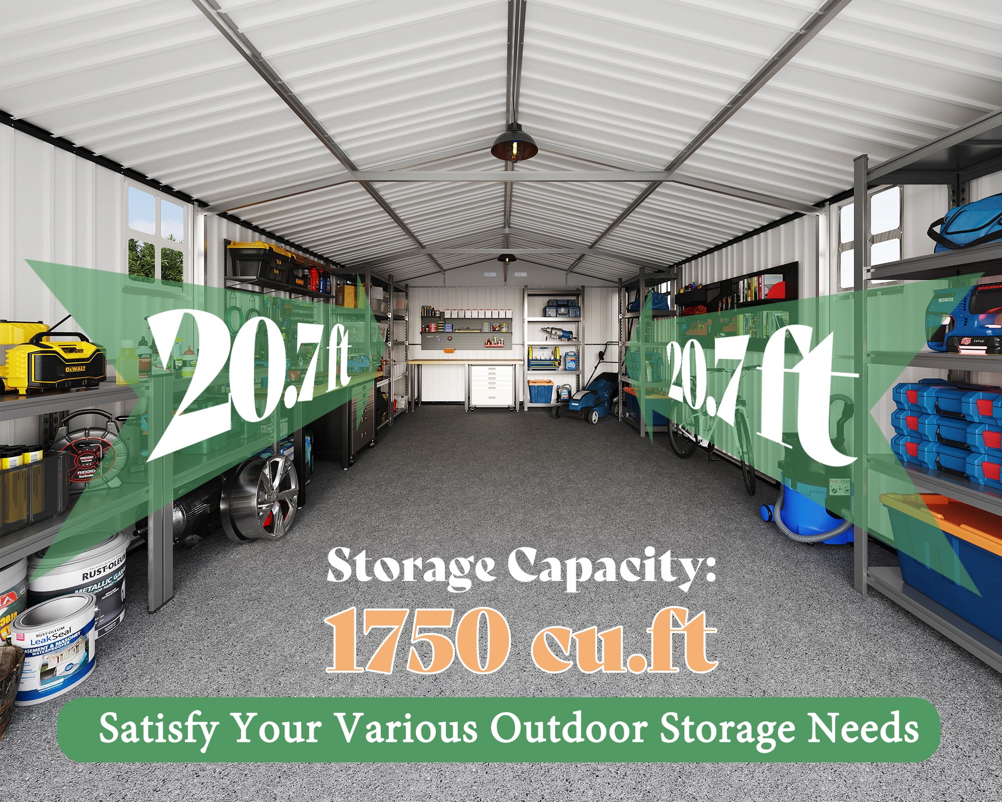 LUXOAK 13.2x20.7x8.4 ft Outdoor Storage Shed, Huge Metal Shed with 2 Double Hinged Doors and 4 Windows, Carport for Car, Truck, Bike, Dark Grey