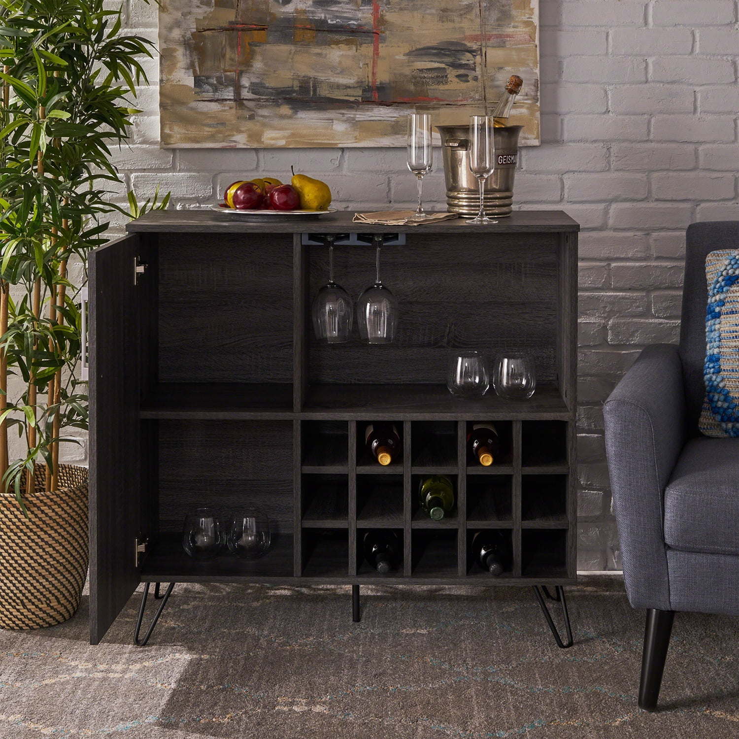 Kadyn Modern Wine Rack Bar Cabinet, Fiberboard Wine Storage Cabinet for Home Bar, Mid Century Wine Cabinet with Cupboard, Plaid Grey Oak