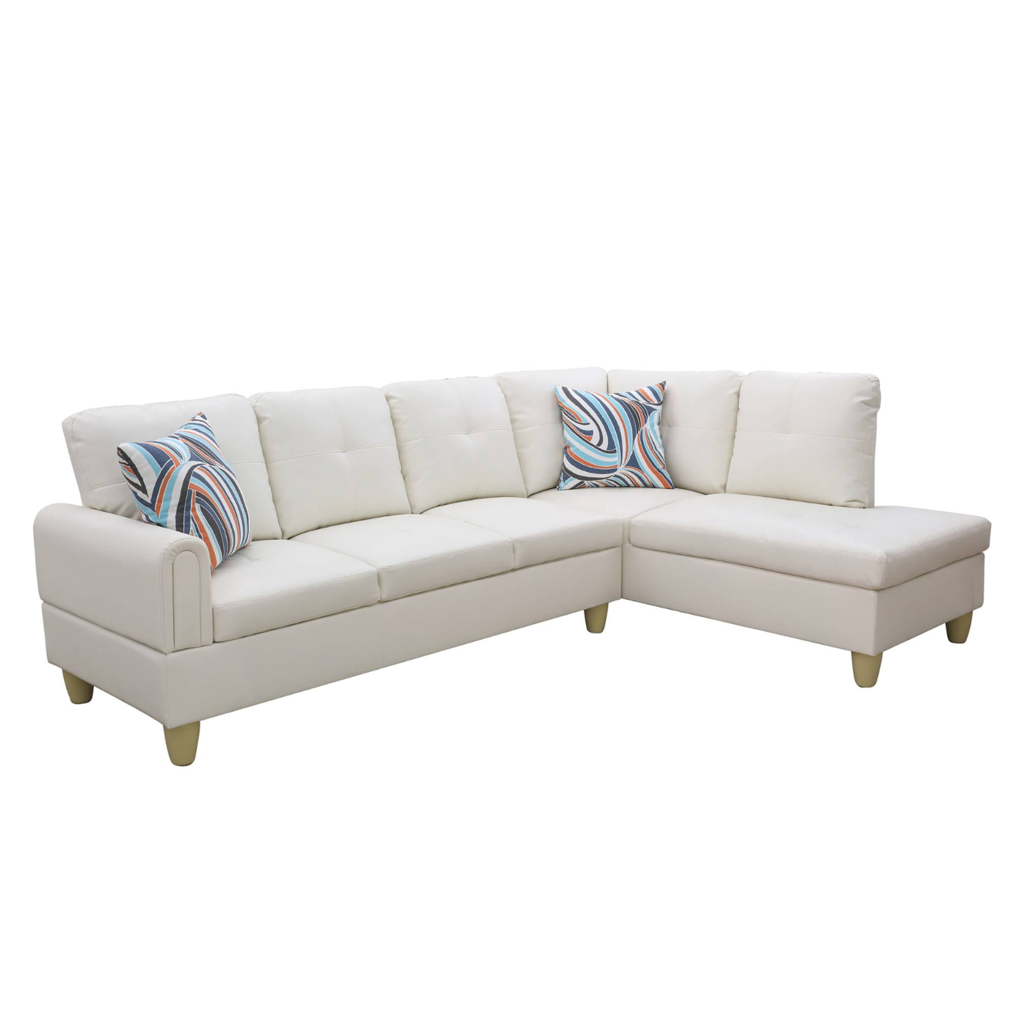 L Shape Sectional Sofa Couches Set, Modern Leather Corner Sofa Couch with Pillows for Living Room, White