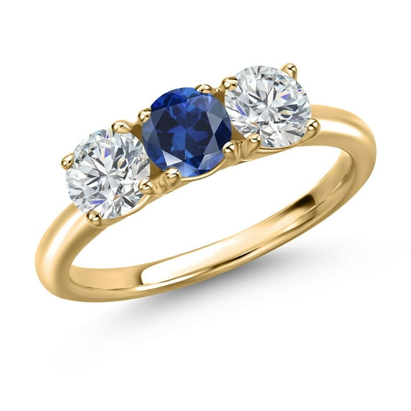 Gem Stone King 10K Yellow Gold Blue Created Sapphire and Lab Grown Diamond Engagement Ring for Women | 1.60 Cttw | Round 5MM | Gemstone September Birthstone | Size 9