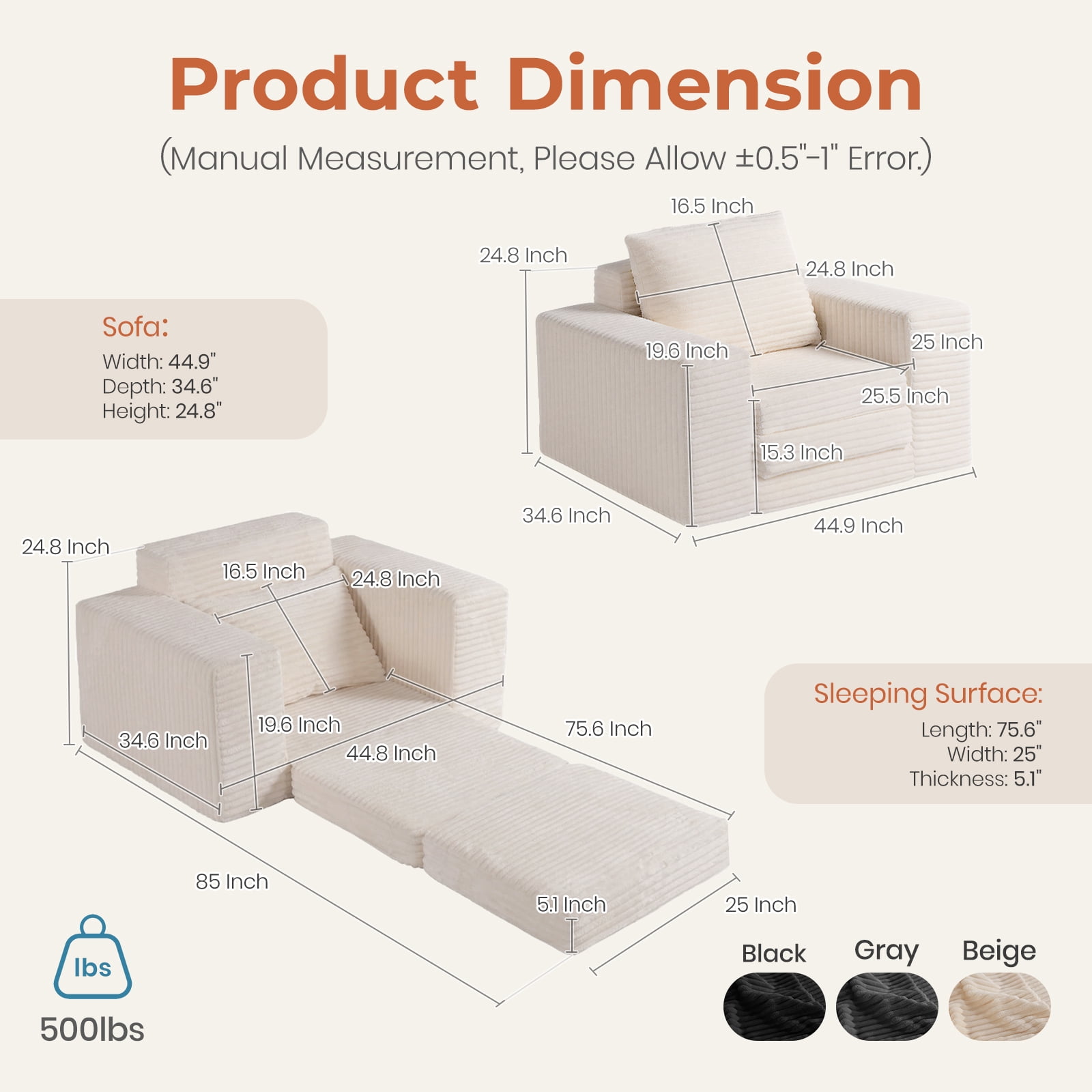 Single Pull Out Folding Sofa Bed, Corduroy Convertible Sleeper Couch with High Density Memory Foam & Pillow, 75.6" Sleeping Surface Space Saving Sofa for Dorm Apartment Guest Room