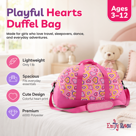 Emily Rose Kids Large Weekender Duffle Bag | Girls Duffel Bag with Removable Shoulder Carry Strap | 100% 600D Polyester | Perfect for sleepovers and overnight travel (Playful Hearts)