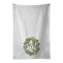 Carolines Treasures CK8846WTKT 28 x 19 in. Unisex Bulldog Puppy Fawn Brindle Christmas Wreath White Dish Towels Kitchen Towel - Set of 2