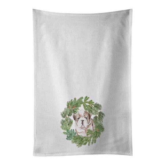 Carolines Treasures CK8846WTKT 28 x 19 in. Unisex Bulldog Puppy Fawn Brindle Christmas Wreath White Dish Towels Kitchen Towel - Set of 2