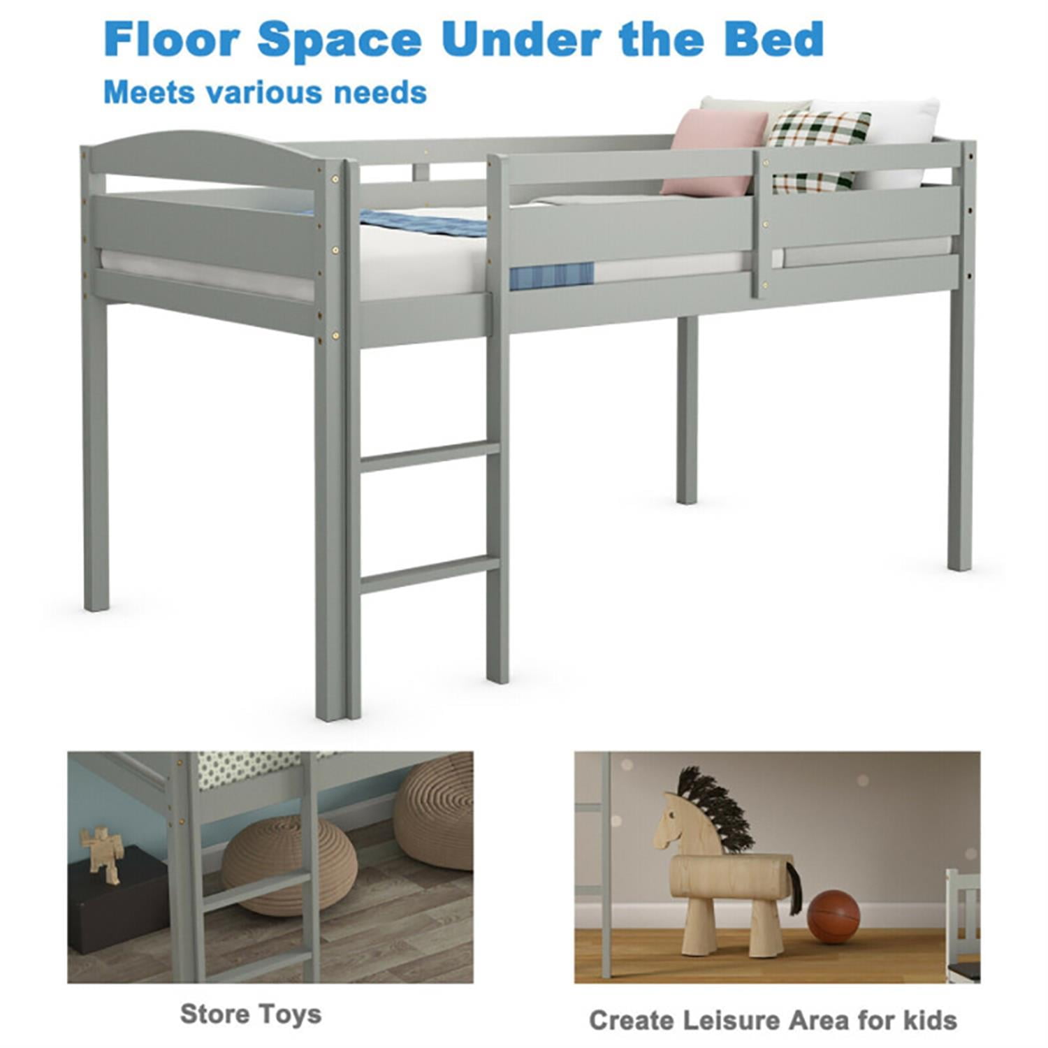 Demi Bonn Loft Bed Twin Size, Solid Wood Low Loft Bed with Guard Rail and Ladder, Modern Wooden Loft Bunk Bed Frame, Gray