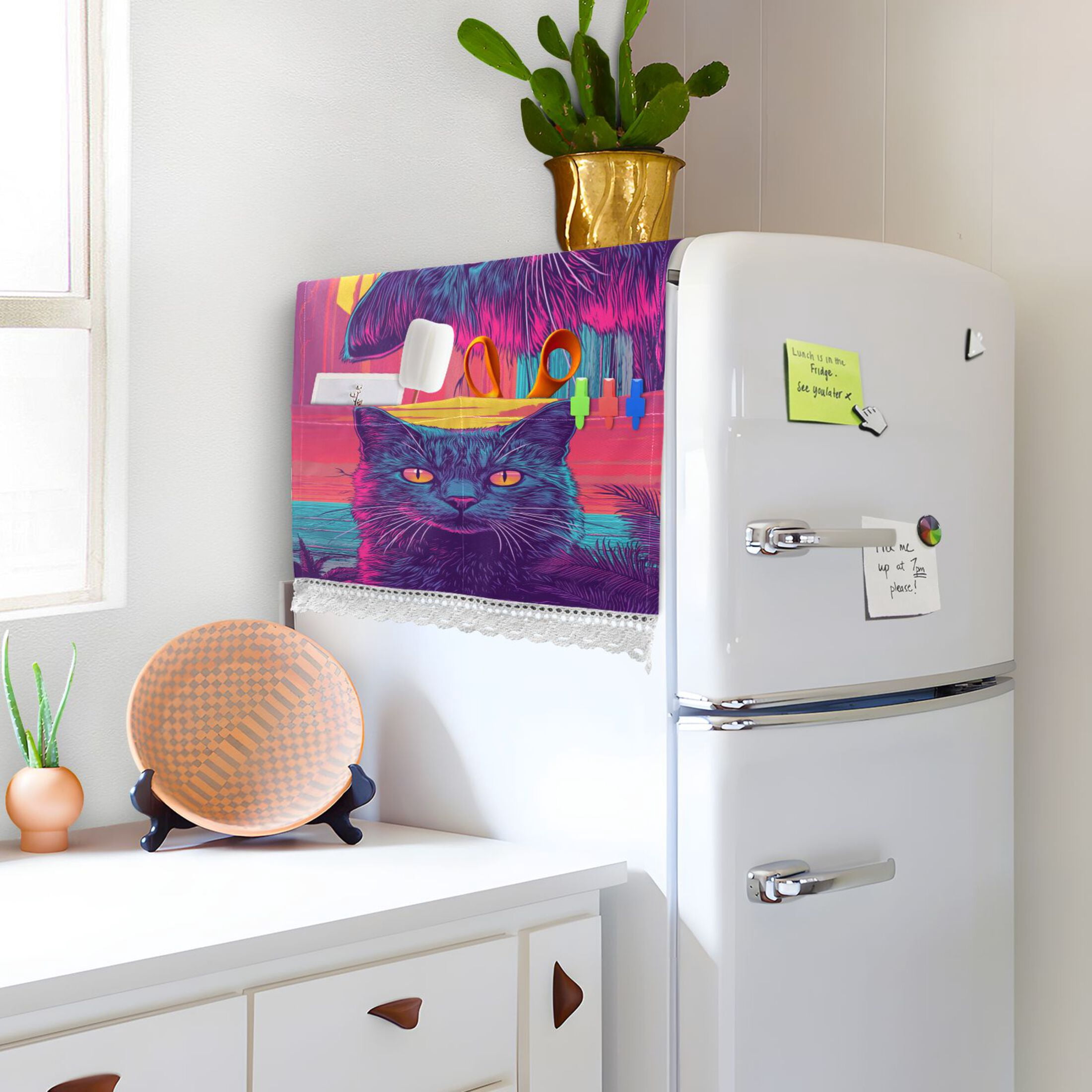 Cat before SunsetWasher and Dryer Covers Dust-Proof and Oil Resistant Fridge Cover with 4 Storage Pockets Washing Machine Top Cover for Laundry Kitchen Home 51.2 x 22 In