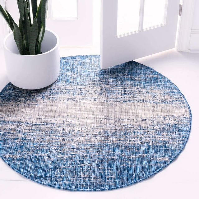 Unique Loom Collection Moderne Dégradé Dégradé Transitionnel Tapis Rond Flatweave Intérieur et Extérieur, 4 Pieds, Bleu/gris