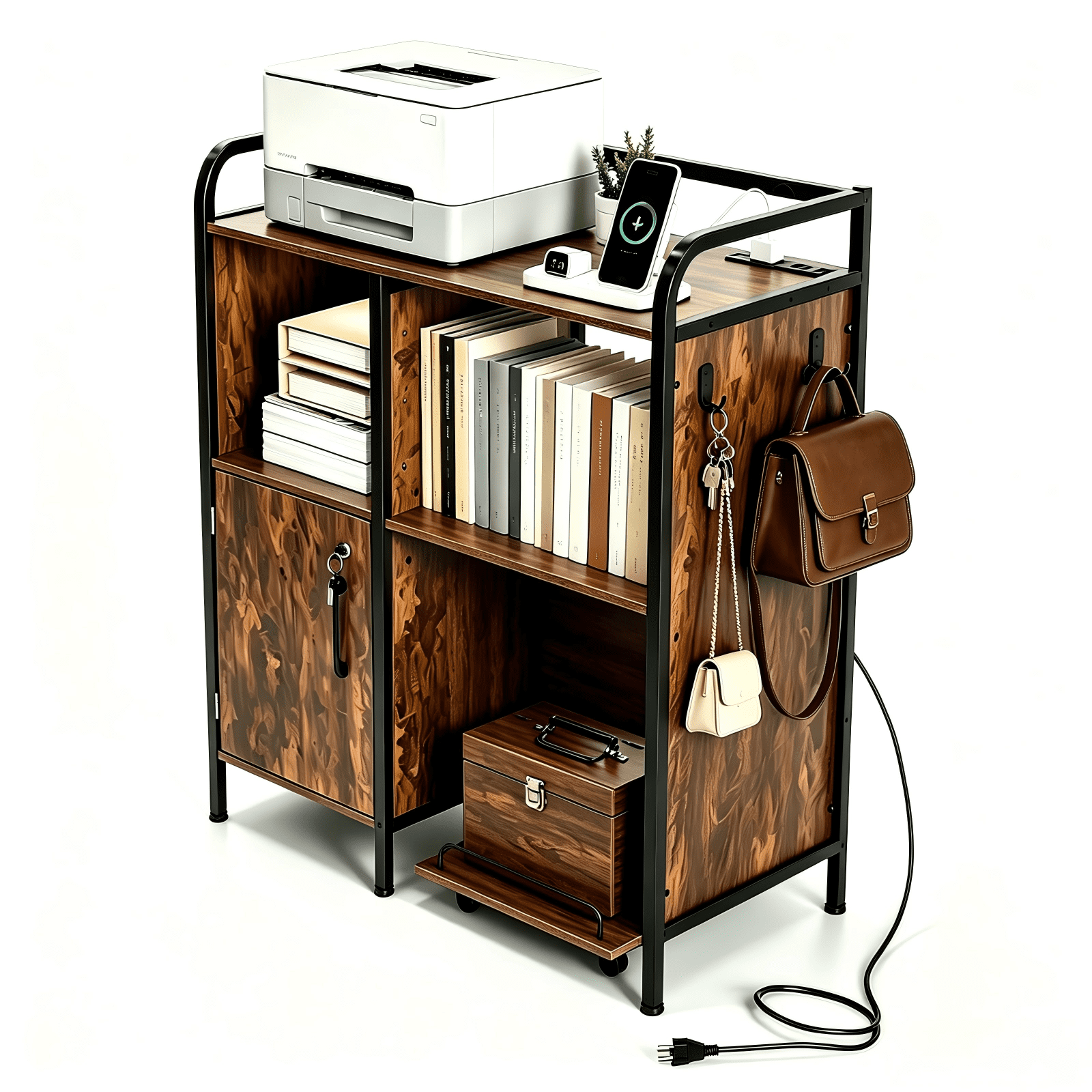 3-Tier Printer Stand with Cabinet and Iron Frame for Home Office