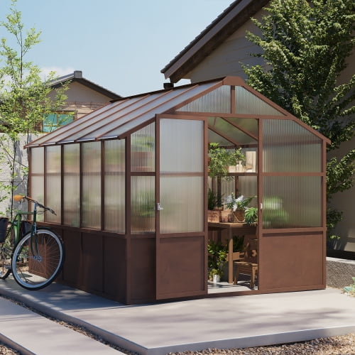 Aurlrtil 8'x10' Greenhouse, Wooden Walk-in Greenhouse for Outdoors with 6MM Thick Polycarbonate Panel and Adjustable Roof Vents, Garden Backyard, Patio, Lawn