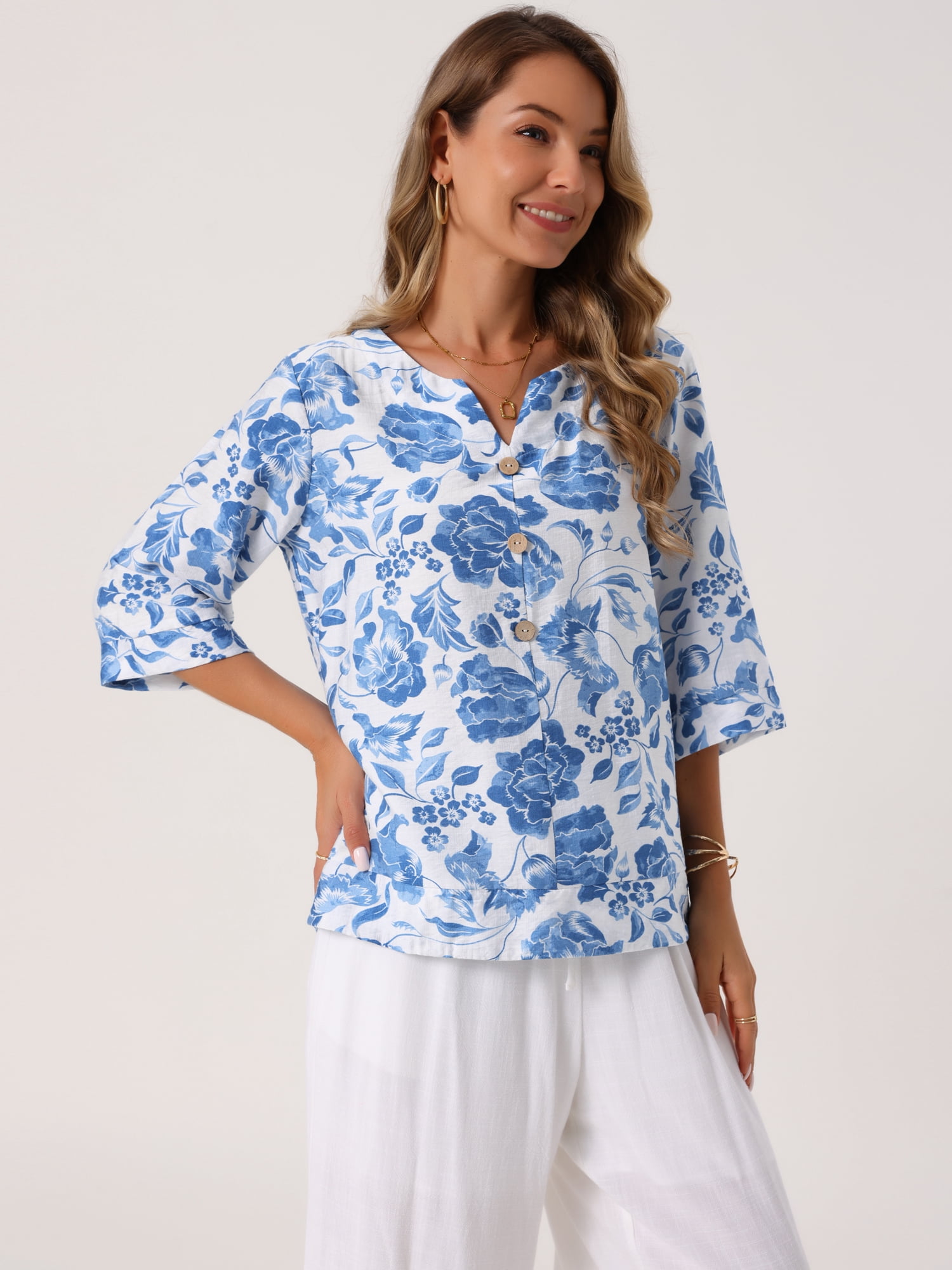 DARING DIVA Women's 3/4 Sleeve V Neck Boho Floral Button Decor Blouses S Blue