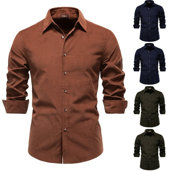 RYDCOT Men's Regular Fit Corduroy Shirt Solid Color Long Sleeved Lapel Button up Shirt Jacket Navy