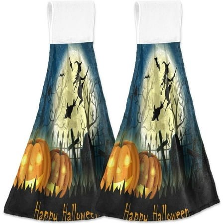 

Kitchen Towels with Hanging Loop Halloween Pumpkin Full Moon Dish Towels for Kitchen Absorbent Kitchen Hand Towels Set of 2 12x17 inch