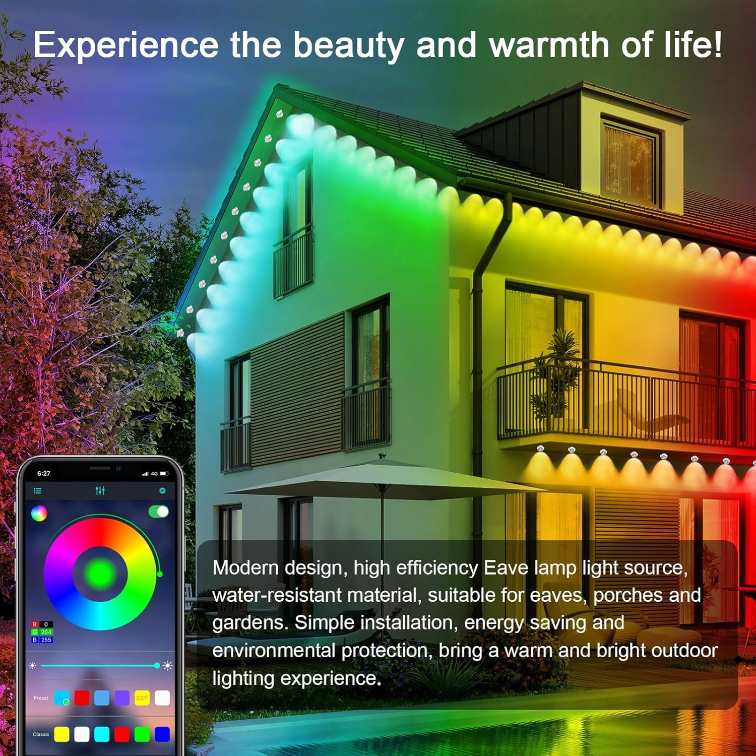 100FT Permanent Outdoor Lights, IP67 Waterproof Smart RGB Eaves Lights with App/Remote Control, Outdoor Lights for Outdoor Decor, Garden Decor, Christmas, House, Party, Holiday.