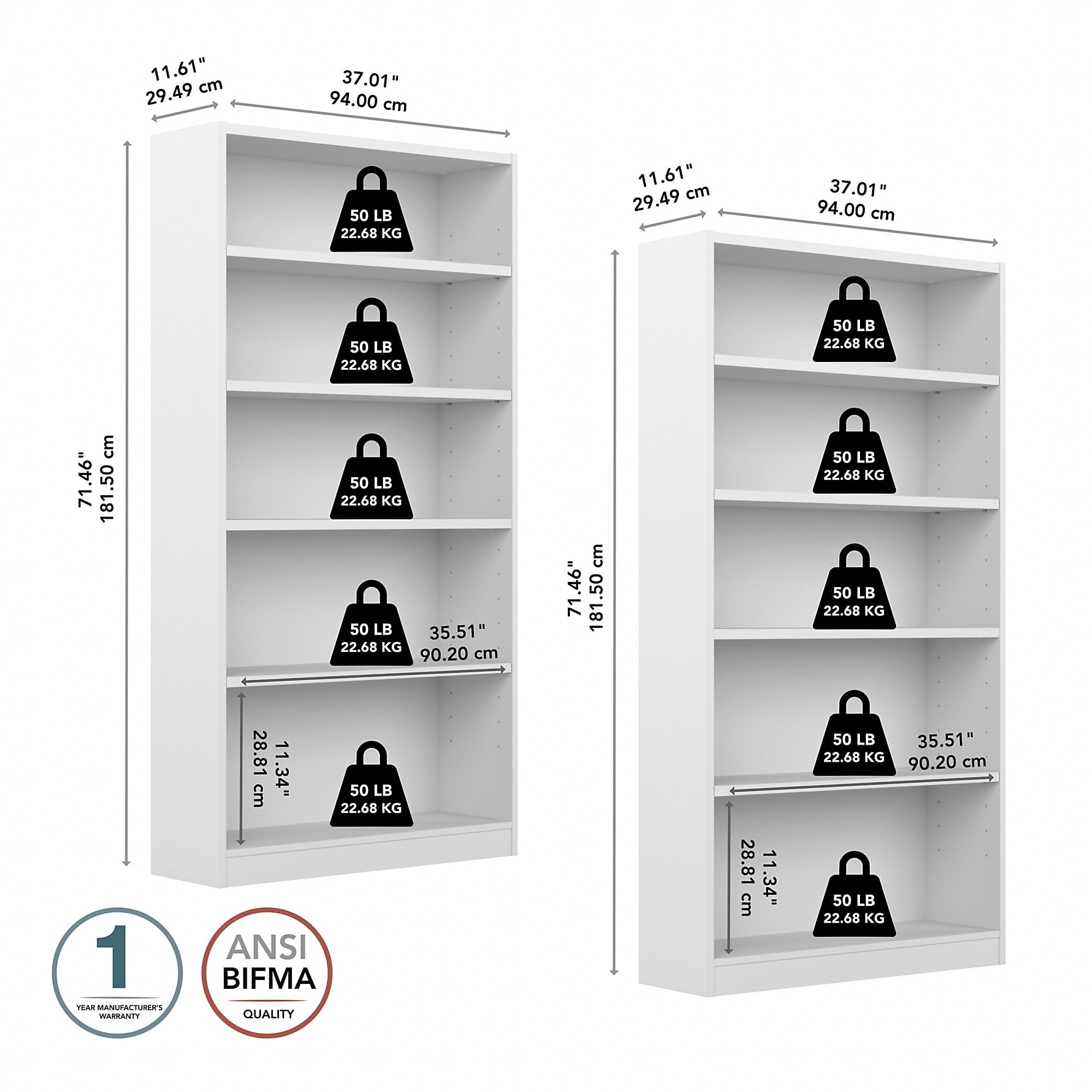 Bush Furniture Universal 5 Shelf Bookcase Set of 2