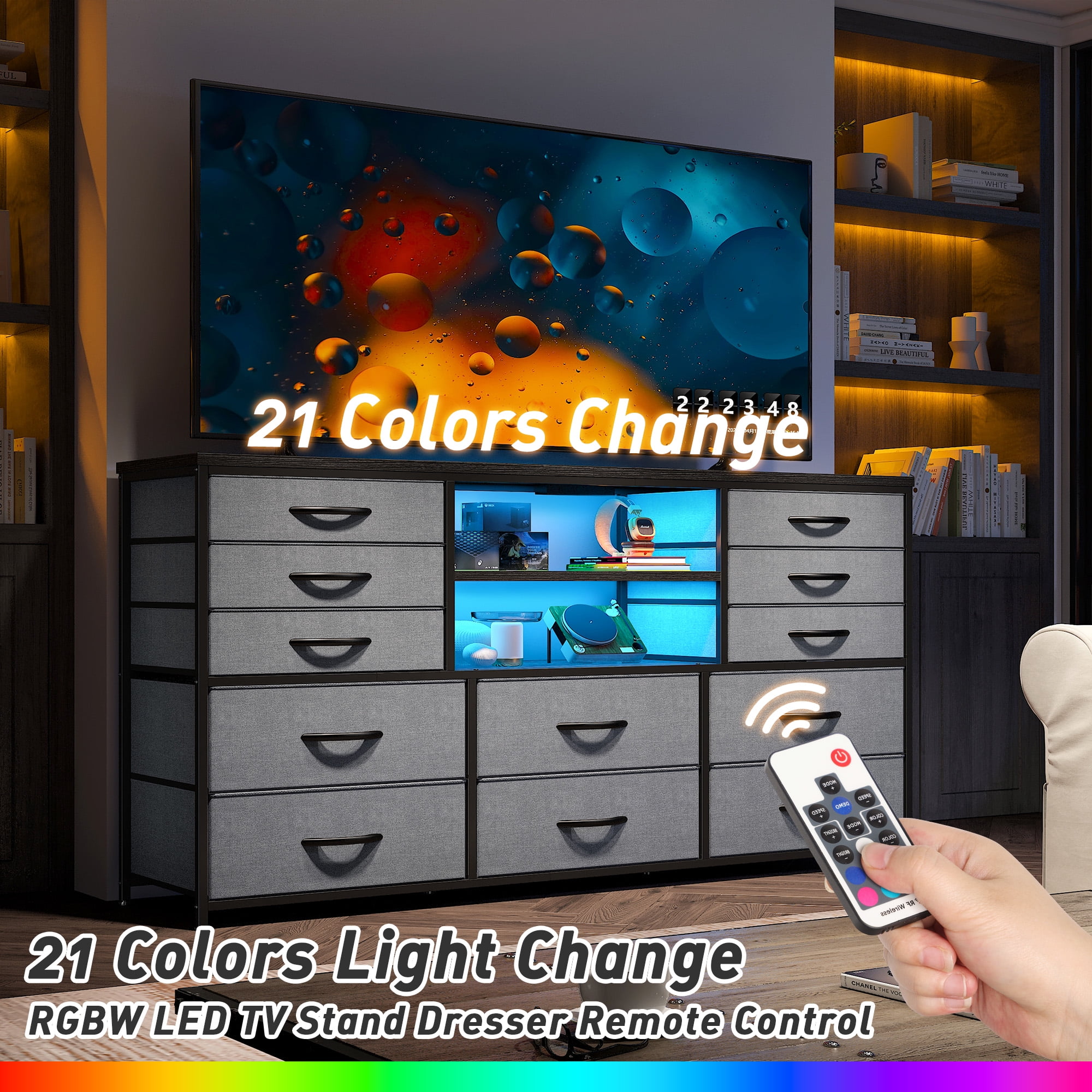 EnHomee Wide Dressers for Bedroom TV Stand for Living Room LED 12 Fabric Drawers Storage Dresser with Power Outlet,49.2''L Grey