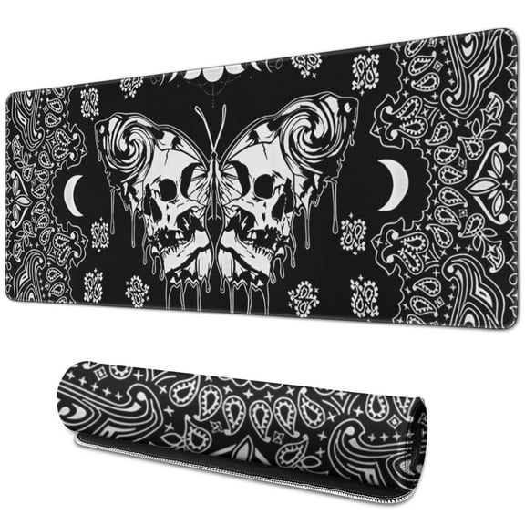 Long Mouse Pads for Desk,Black Gothic Skull Butterfly Pattern Desk Mats on Top Of Desks, Desk Mouse Pad Extra Large with 3mm Non-Slip Base and Stitched Edge for Gaming,Office,Work,Home 31.5"x11.8"