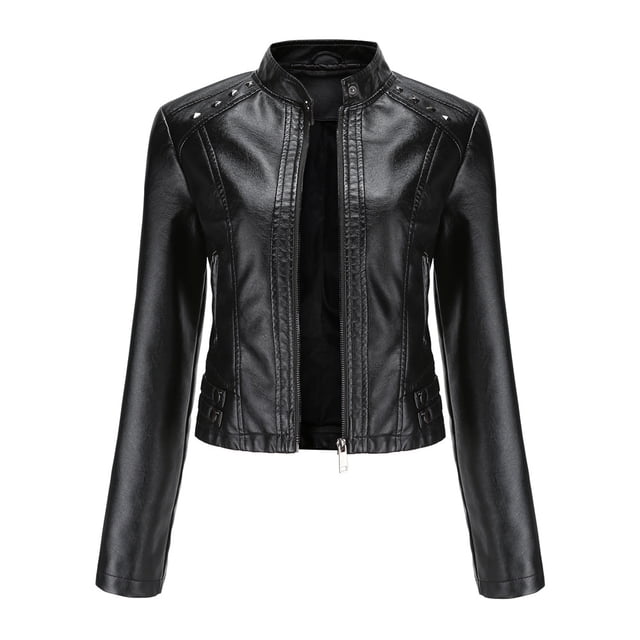 Chaqueta de cuero para mujer, chaqueta de motorista corta, cuello alto, cremallera, chaqueta de cuero, chaqueta de entretiempo para otoño y primavera
